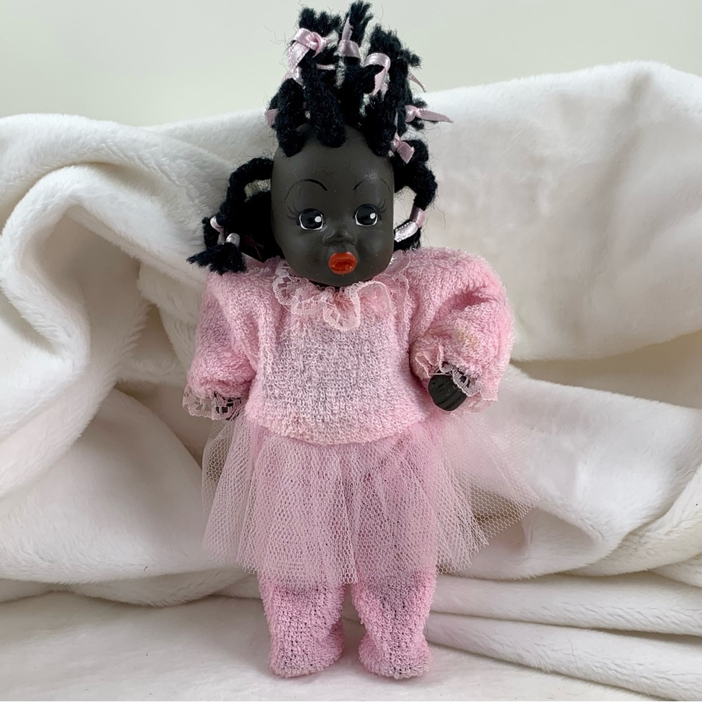 AFRICAN AMERICAN DOLL VINTAGE PINK ONESIE BRAIDED HAIR GUC